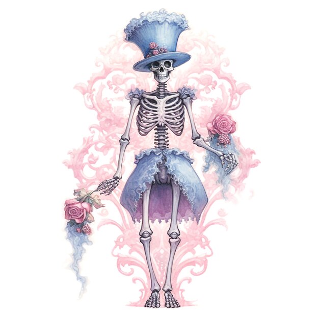 Photo watercolor pastel purple halloween skeleton