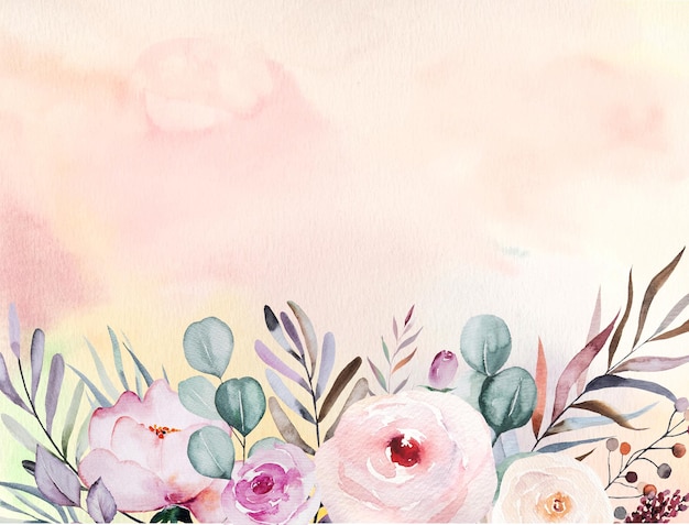 Photo watercolor pastel roses and peonies flowers and green leaves border illustration with copy space