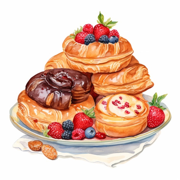 Watercolor Pastries With Berries Nuts And Syrup Illustration