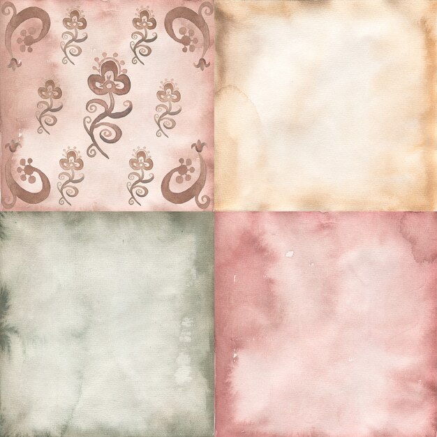 Photo watercolor patchwork seamless pattern, old style paper in pink, green and beige color