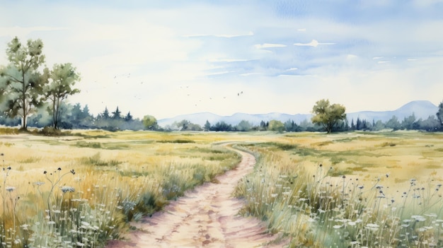 Photo watercolor pathway in a field accurate ornithological style illustration