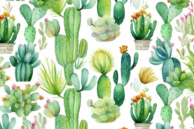 A watercolor pattern of a cactus with flowers