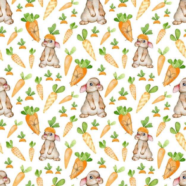 Watercolor pattern of cartoon style orange carrot and rabbits.