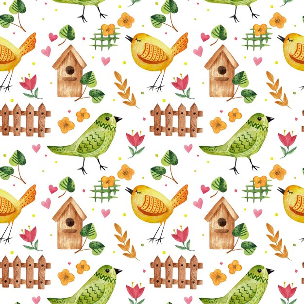 Watercolor pattern Colorful illustration of spring birds Seamless pattern