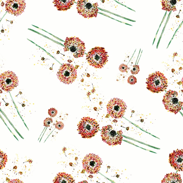 Watercolor pattern of dandelion on white background