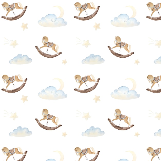 Watercolor pattern depicting vintage cute fairy tale children's toys and clouds moon