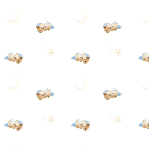Watercolor pattern depicting vintage cute fairy tale children's toys and clouds moon