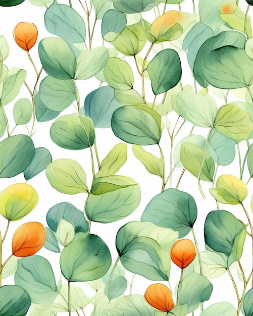 A watercolor pattern of green and orange leaves generated by ai