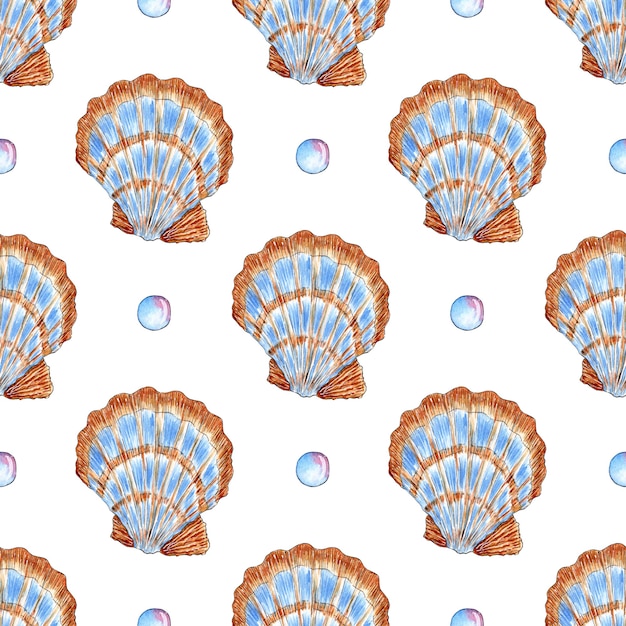 Watercolor pattern illustration of large beige blue seashells with scallop and bubbles Underwater