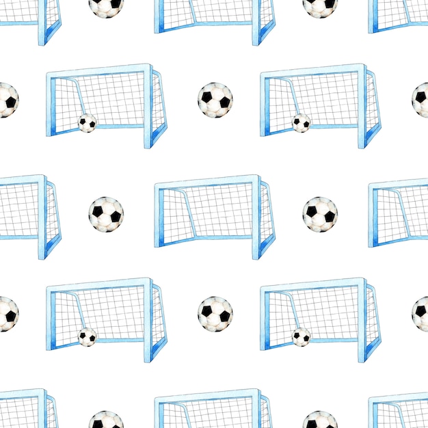 Watercolor pattern illustration of soccer goal and ball Seamless repeating soccer sports print