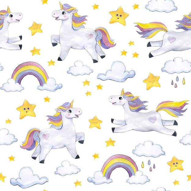 Watercolor pattern on a light background with unicorns, clouds, stars, rainbows