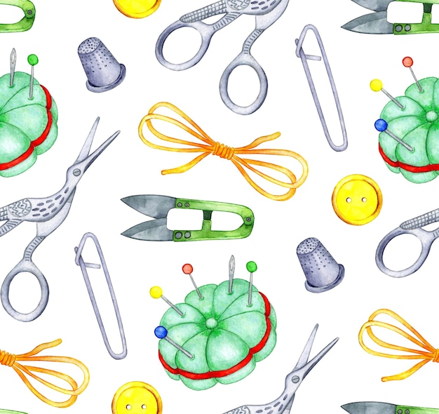 Watercolor pattern needlework tools seamless pattern scissors thread safety pin thimble