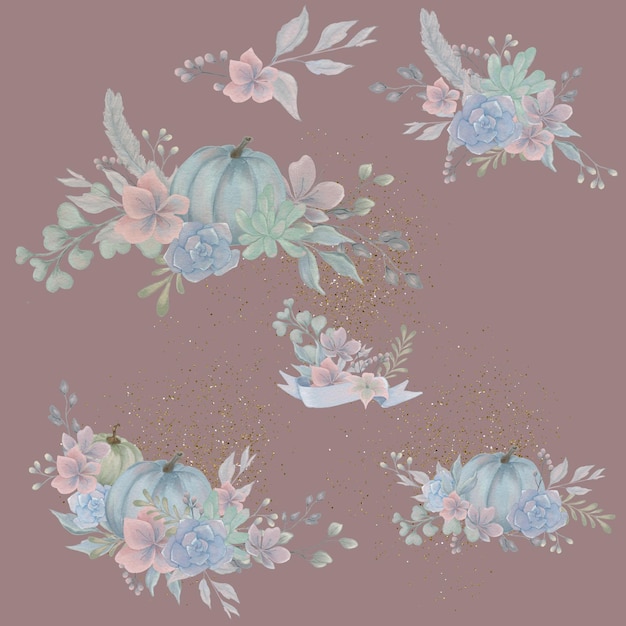 Watercolor pattern in pastel colors on an autumn theme, pumpkin, floristry, succulent, for an invita