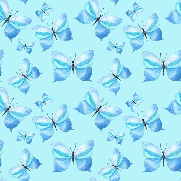 Watercolor pattern seamless blue butterflies blue background. Botanical wedding wrapping paper