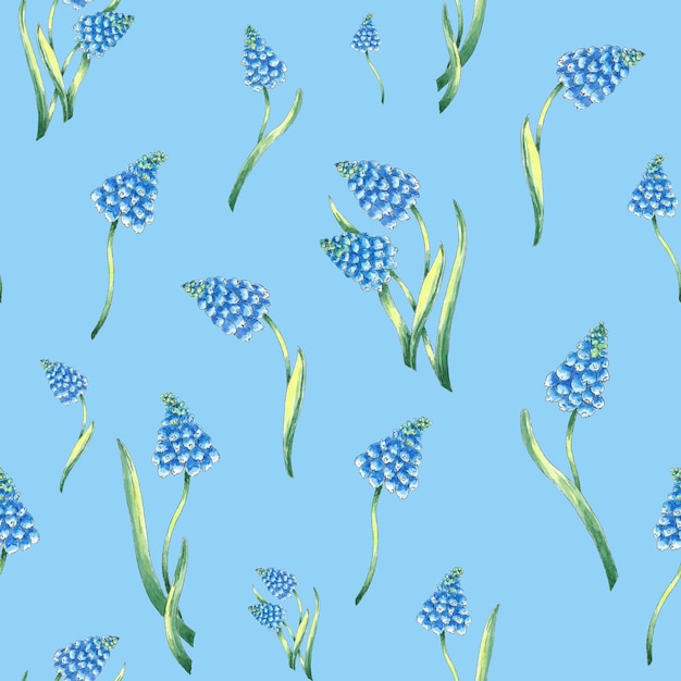 Watercolor pattern seamless blue muscari flower on blue background for fabric, textiles, wallpaper