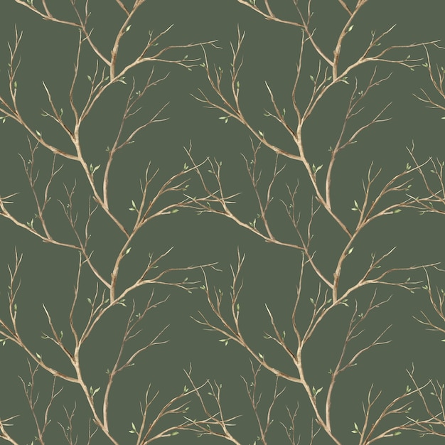 Watercolor pattern of spring branches on a dark green background Illustration hand drawn on isolated