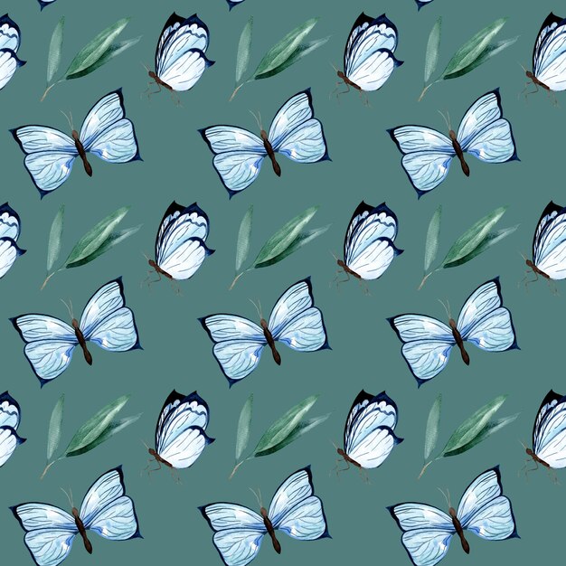 Watercolor pattern with blue butterflies Seamless pattern for fabric and wrapping paper