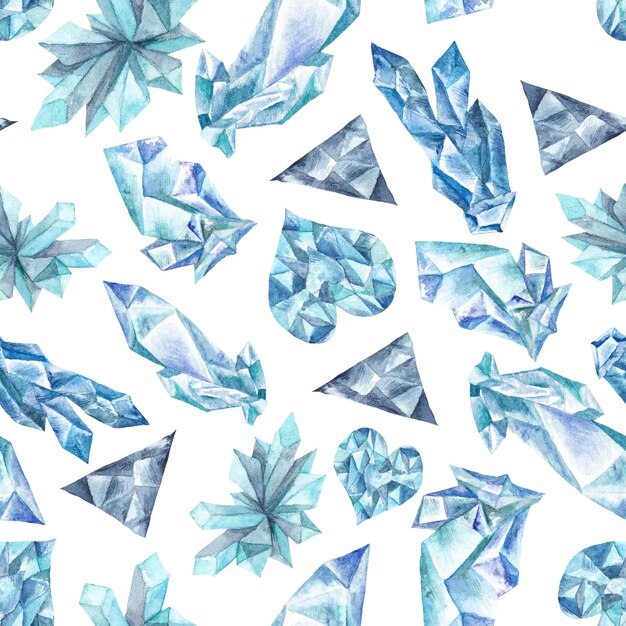 Watercolor Pattern with blue gems on white background