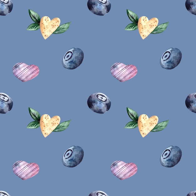 Watercolor pattern with blueberries and hearts on a blue background