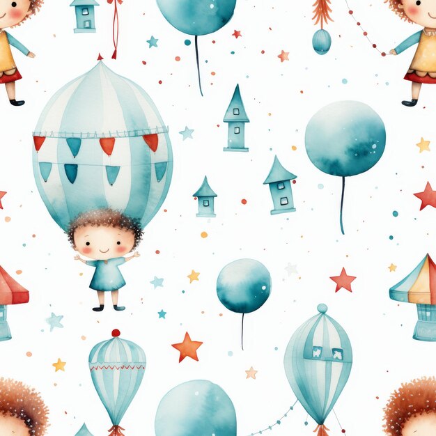 Watercolor Pattern With a Boy and a Hot Air Balloon