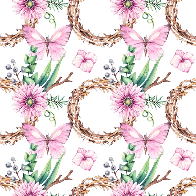 Watercolor pattern with butterfly flowers bouquets and wreaths