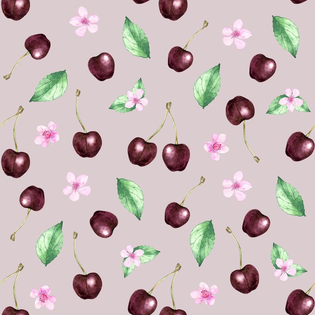 Watercolor pattern with cherry