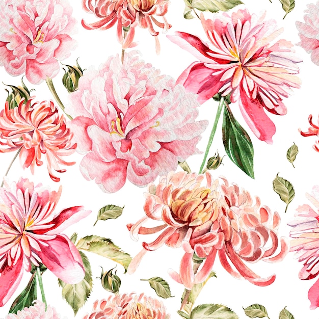 Watercolor pattern with chrysanthemum and peony