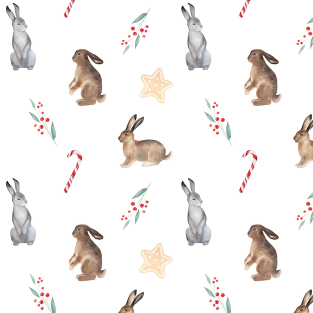 Watercolor pattern with cute rabbits with Christmas candy gift Christmas decorations mistletoe isolated