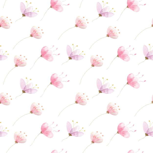 Watercolor pattern with delicate pink flowers twigs with leaves botanical illustration on a white