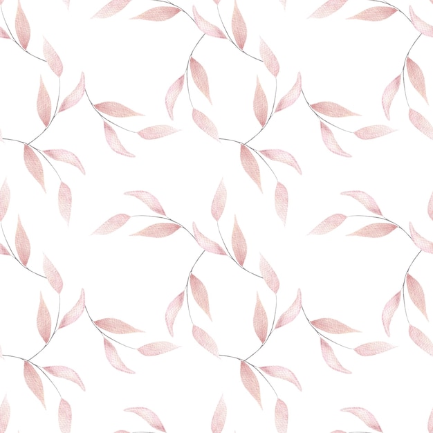 Photo watercolor pattern with delicate pink leaves twigs with leaves botanical illustration