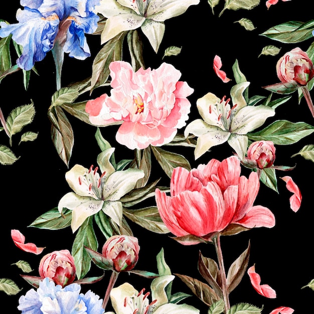 Modello acquerello con fiori iris, peonie e gigli, boccioli e petali. illustrazione