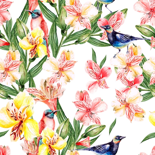Watercolor pattern with flowers roses, buds, lavender and
bird