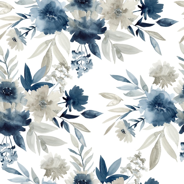 Watercolor pattern with indigo flowers