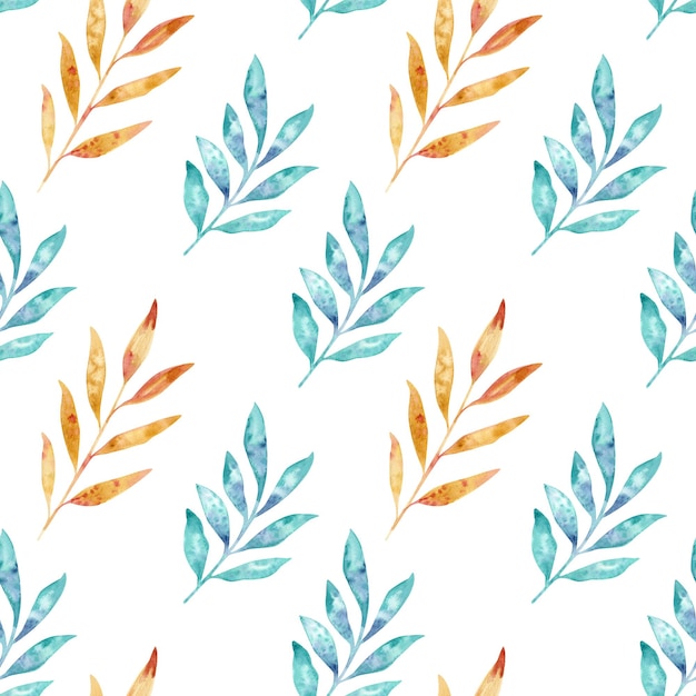 Watercolor pattern with leaves branches Yellow orange blue turquoise on a white ba