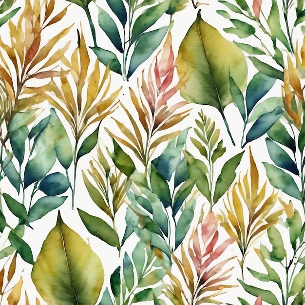 Watercolor pattern with minimalistic twigs leaves pattern grass print handdrawn watercolor nature mo