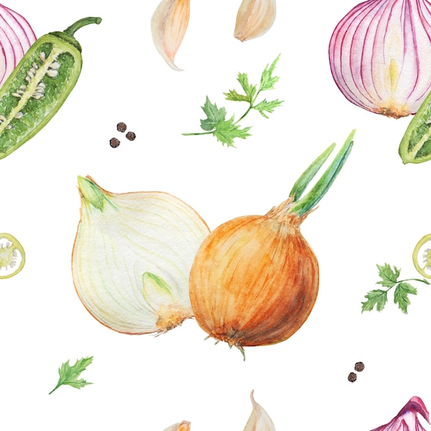 Watercolor pattern with onion pepper garlic and parsley on white background