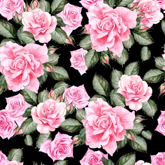 Watercolor pattern with peony flowers and roses . Illustration