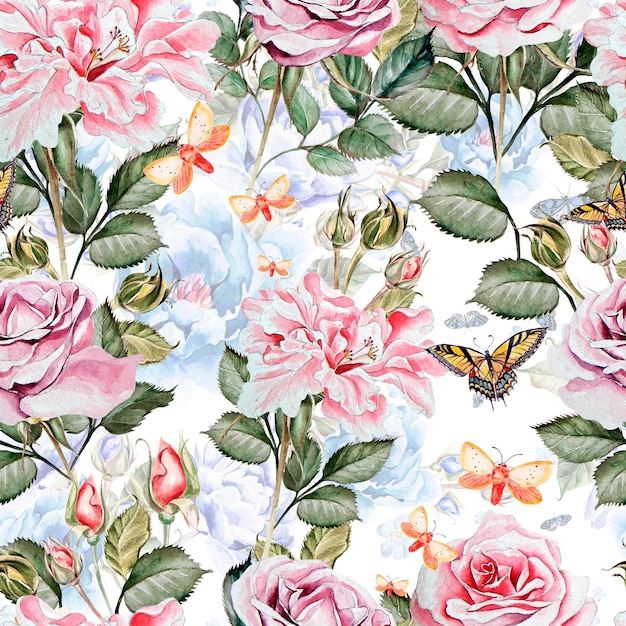 Watercolor pattern with peony and roses flowers