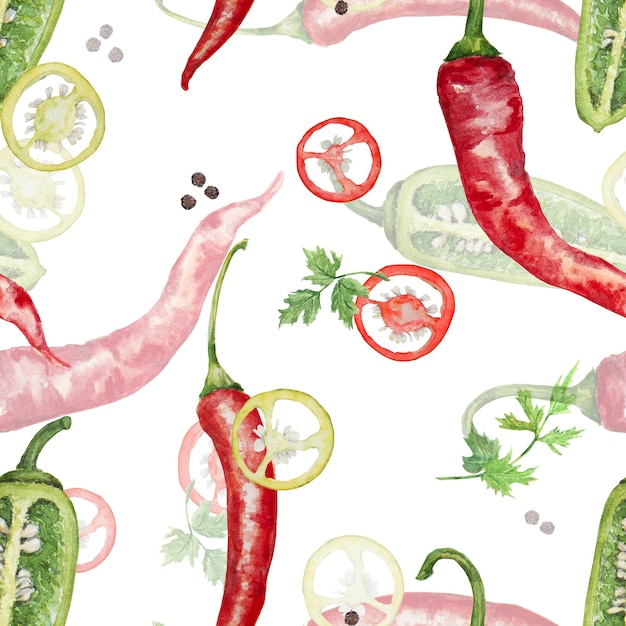 Watercolor pattern with pepper and parsley on white background