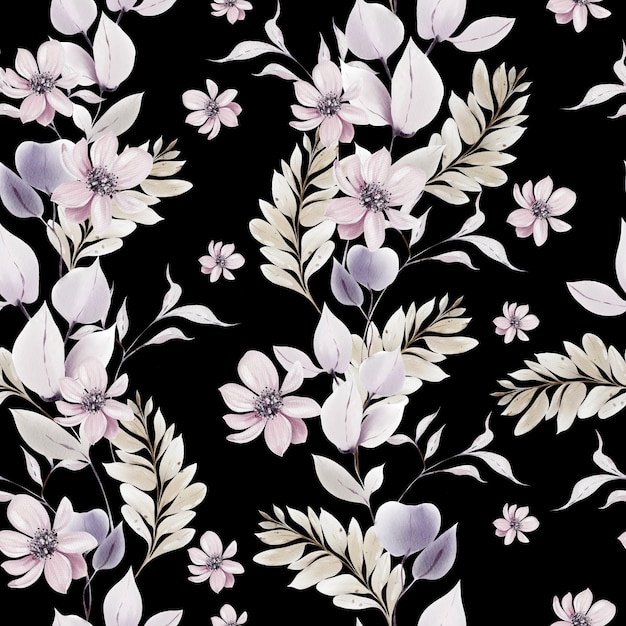 watercolor pattern with the purple pink flowers and wild herbs