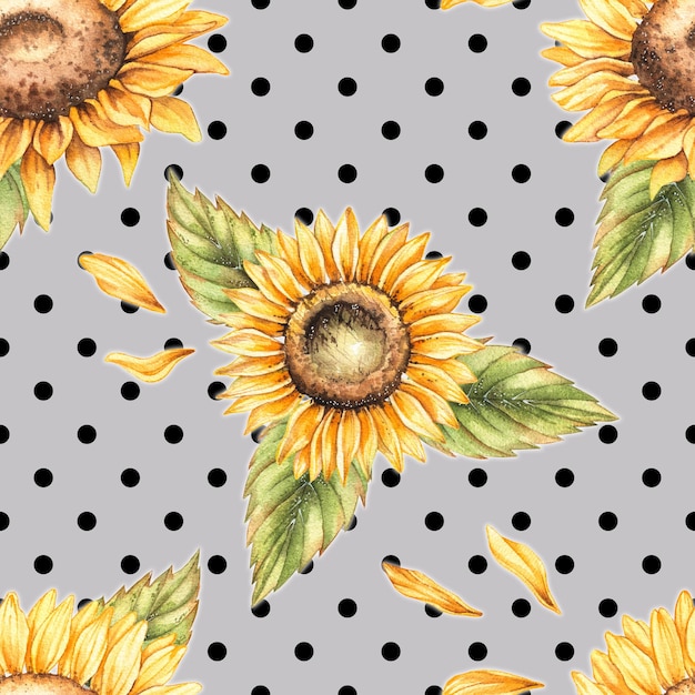 Watercolor pattern with sunflowers and dots on a gray background