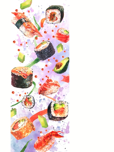 Watercolor pattern with sushi flying sushi rolls and ingredients for sushi isolated on watercolor ba