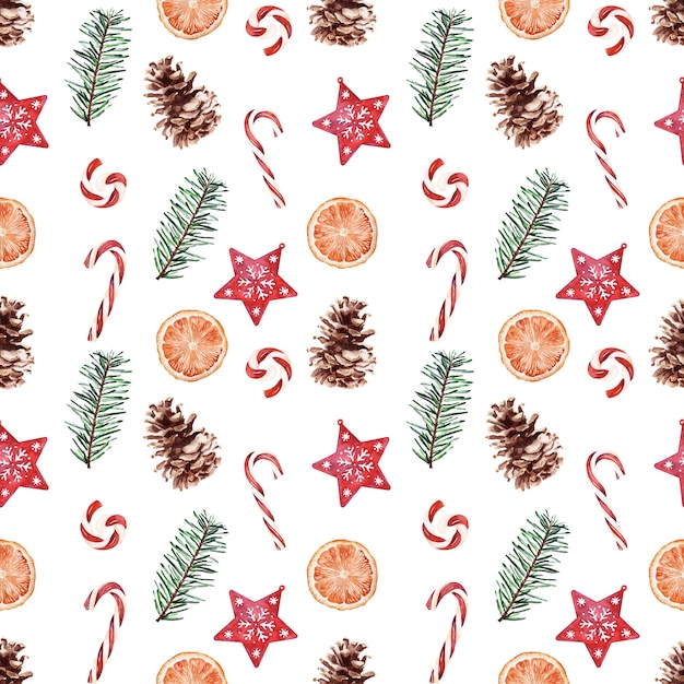 Watercolor pattern with various festive attributes of christmas