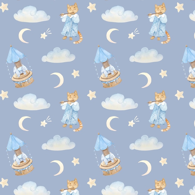 Фото Акварельный рисунок со старинными милыми сказочными кошками карусели облака звезды на синем фоне