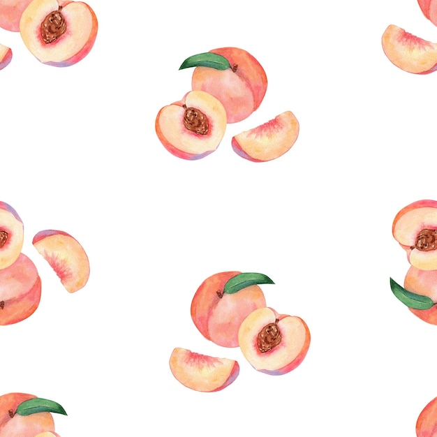 Photo watercolor peach fruit seamless pattern on white