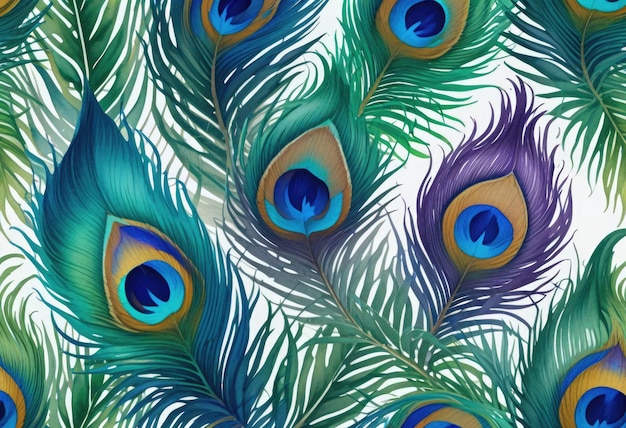 アクアレルの羽毛を描いた水彩の孔雀の羽毛のシームレスパターン
