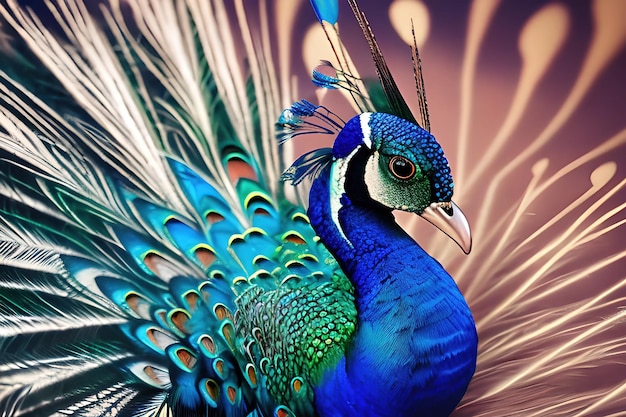 Watercolor peacock with feathers close view