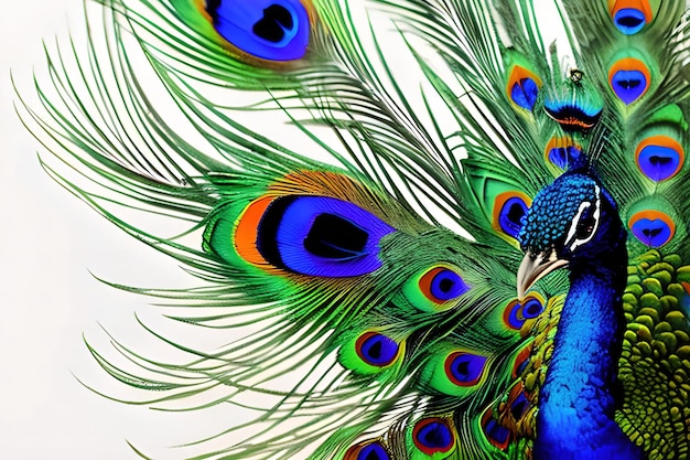 Watercolor peacock with feathers close view