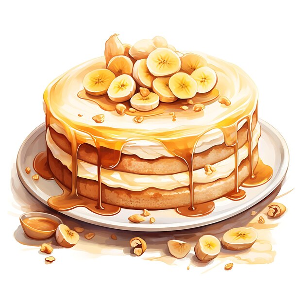 Photo watercolor of peanut butter banana cake cake with peanut butter and banana clipart isolated dessert