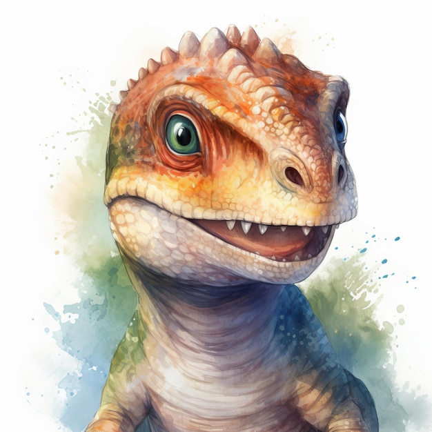 Watercolor peinting of a cute baby dinosaur on white background Al generated